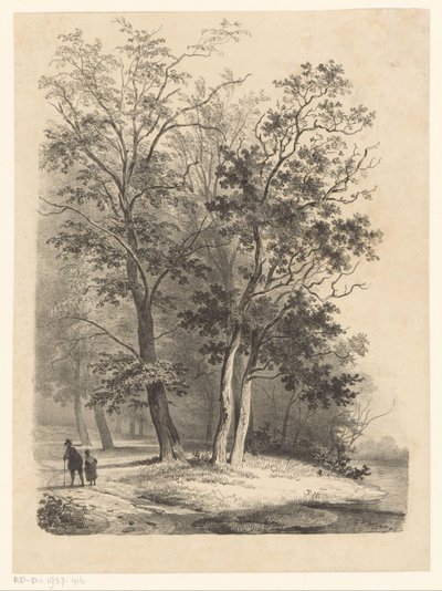 Två figurer som går i en skog av Cornelis Gerrit Verburgh