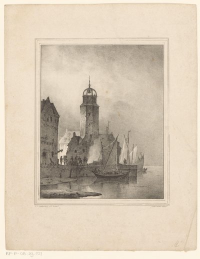 Segelbåtar lägger till i staden av Cornelis Gerrit Verburgh