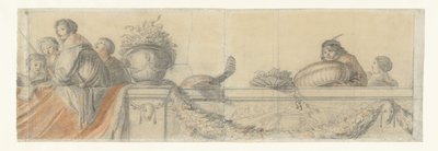 Människor på en balustrad med festonger Motiv för väggmålningar i Honselaersdijk Castle (serietitel) av Cornelis Holsteyn