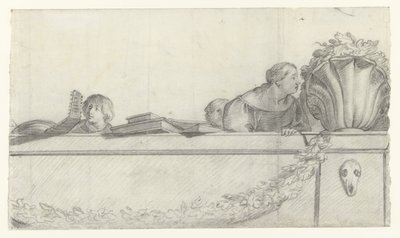 Människor på en balustrad med festonger Design för väggmålningar i Honselaersdijk Castle (serietitel) av Cornelis Holsteyn
