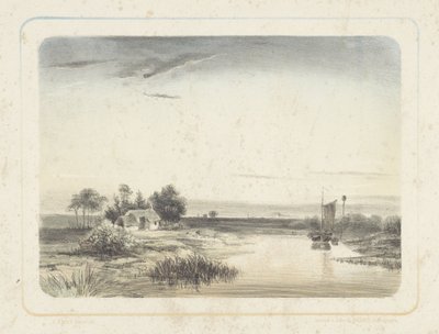 Flodlandskap med hus och segelbåt Sex landskap (serietitel) av Cornelis Jan Bolt