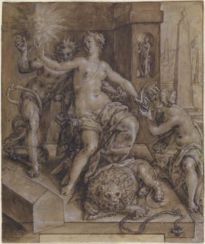Design för den centrala delen av The Mirror of Virtue av Cornelis Ketel
