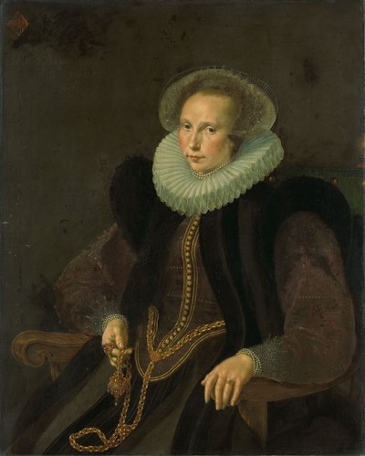 Nederländska: Griete Jacobsdr van Rhijn (1585-1652). Hustru till Jacob Cornelisz Banjaert, kallad van Neck Porträtt av Griete Jacobsdr van Rhijn (1585-1652). Hustru till Jacob Cornelisz Banjaert, kallad van Neck av Cornelis Ketel