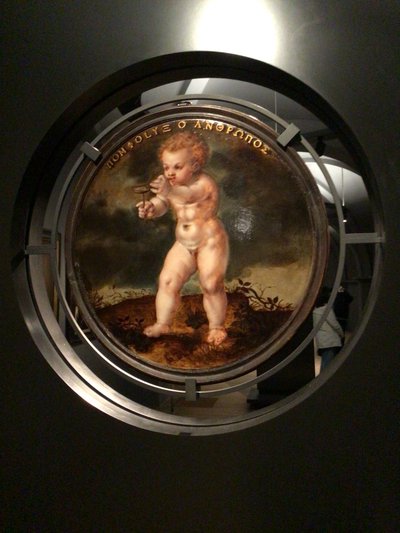 Porträtt av Adam Wachendorff, med en Putto som blåser bubblor av Cornelis Ketel