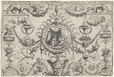 Prydnad med tre figurer på knä under ett tyg av Cornelis Massijs (attributed to)