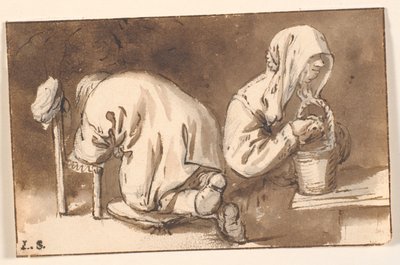 En knästående man och en kvinna med en korg av Cornelis Pietersz Bega