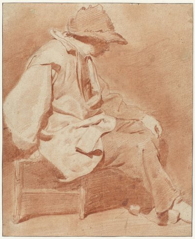 Sittande man bär en keps, hans vänstra hand på knäet, vänd åt höger av Cornelis Pietersz. Bega