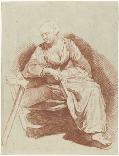 Studie av en kvinna som sitter, lutad på sin högra arm av Cornelis Pietersz. Bega