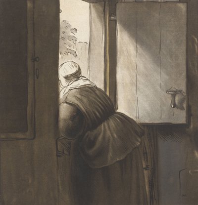 En kvinna lutad mot bottendörren, efter Rembrandt van Rijn av Cornelis Ploos van Amstel