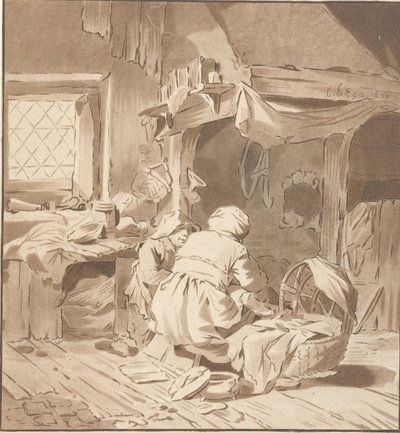 Bondgårdsinredning med två kvinnor av Cornelis Ploos van Amstel (signed by artist)