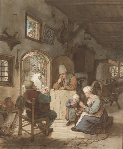 Tidningsläsare i interiör av Cornelis Ploos van Amstel (signed by artist)