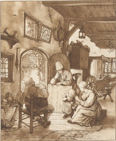 Tidningsläsare i interiör av Cornelis Ploos van Amstel (signed by artist)