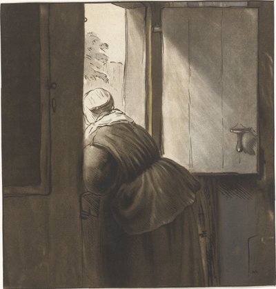 Kvinna lutad över en nedre dörr av Cornelis Ploos van Amstel (signed by artist)