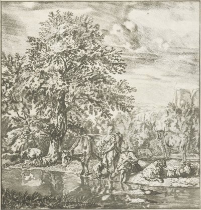 Herde och herdinna med flock vid en flod Tryckt verk (serietitel) av Cornelis Ploos van Amstel