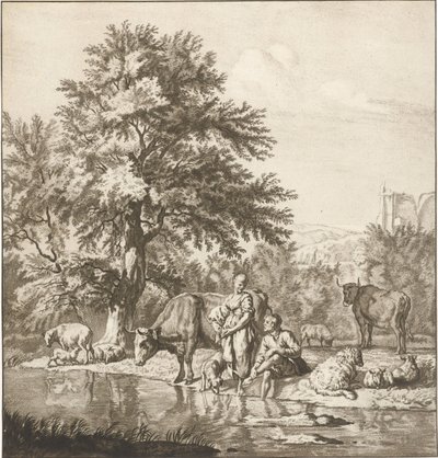 Herde och herdinna med flock vid en flod Tryck (serietitel) av Cornelis Ploos van Amstel