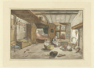 Interiör med kvinna vid spjälsängen av Cornelis Ploos van Amstel