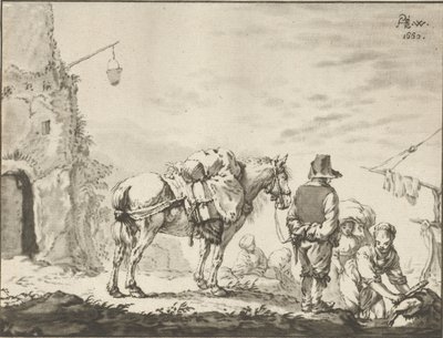Man med häst med tvätterska av Cornelis Ploos van Amstel