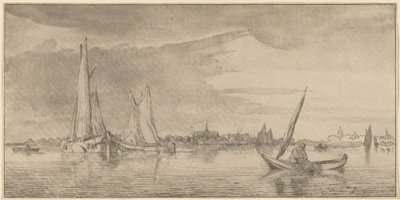 Flod med stad av Cornelis Ploos van Amstel