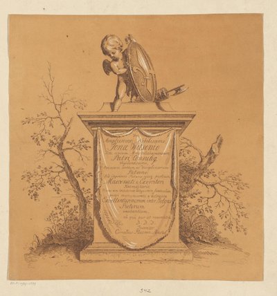 Stående putto på ett monument med dedikation till Jonas Witsen av Cornelis Ploos van Amstel