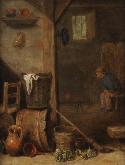 En köksinredning med en figur sittande i det angränsande rummet av Cornelis Saftleven