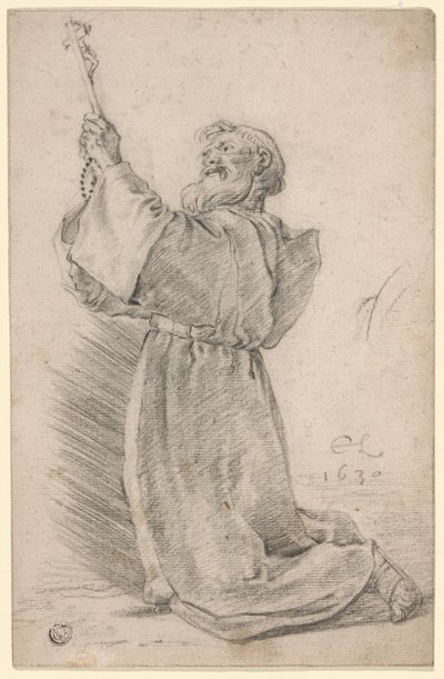 Knästående munk som håller ett krucifix av Cornelis Saftleven