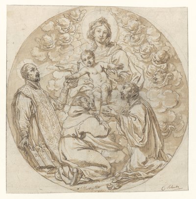 Jungfru och barn dyrkade av den helige Ignatius av Loyola, den helige Franciskus Xavier och den helige munk av Cornelis Schut (I)