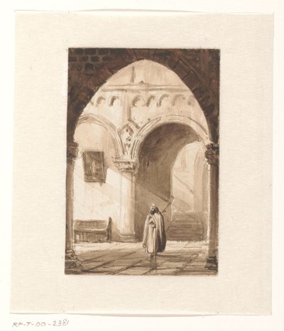 Interiör av en kyrka med en munk av Cornelis Springer