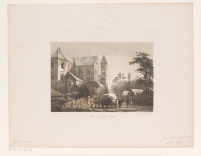 Boskap med vagn framför 1000-talskyrkan Sankt Peterskyrkan (1000-talet) (titel på objektet) av Cornelis Springer