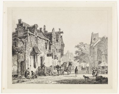 Stadsbild med hästkärra av Cornelis Springer