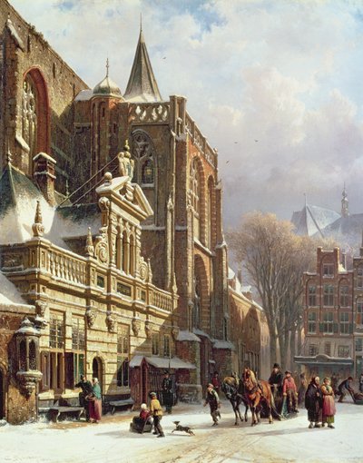 Utsikt över Hoofdwacht och Grote Kerk, Zwolle av Cornelis Springer