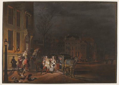 Ett sällskap förnäma herrars avresa efter en munter kvällstillställning av Cornelis Troost