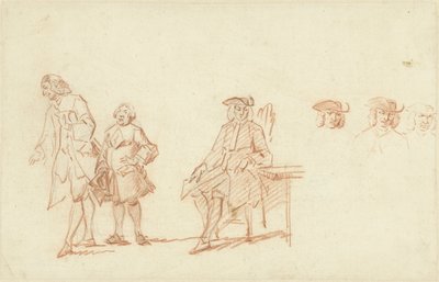 Studieblad med två stående män och en sittande man, vars huvud upprepas tre gånger av Cornelis Troost