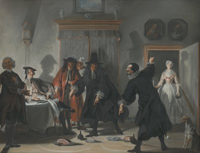 Matematikerna eller den unga damen som flydde: Tvisten mellan läkarna Raasbollius och Urinaal, 1741 av Cornelis Troost
