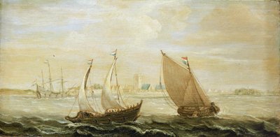 En yacht och ett litet holländskt segelfartyg utanför en hamn i Zuiderzee (Nordsjön), med utsikt över staden i horisonten och sanddyner till höger av Cornelis Verbeeck