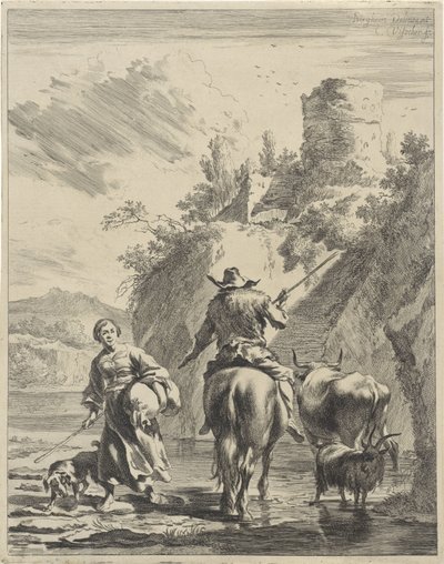 Herde och herdinna på en fästning Böljande landskap (serietitel) av Cornelis Visscher (II)