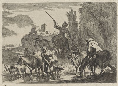 Herdar med boskap vadar en bäck Landskap (serietitel) av Cornelis Visscher (II)