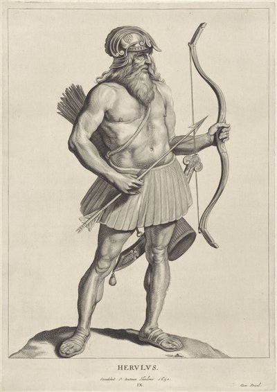 Herulian Herulus (titel på objekt) Oude hier woonachtige volken (serietitel) Peplus eller goterna, vandalerna, schwaberna, herulerna, gepiderna, markomannerna och de gamla fyrdubbla bilderna från fornminnena och Marcus Zuerius Boxhornius museum (serie tit av Cornelis Visscher (II)