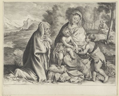 Landskap med den heliga familjen, Johannes Döparen och Elizabeth av Cornelis Visscher (II)