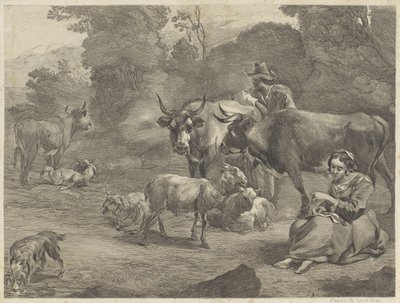 Landskap med en herde och en sömnad herdinna av Cornelis Visscher (II)