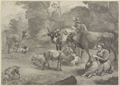 Landskap med en herde och en sömnad herdinna av Cornelis Visscher (II)