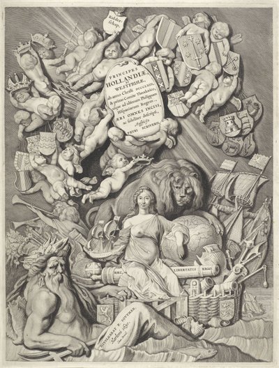 Titeltryck för en serie grevar och grevinnor av Holland, Zeeland och Västra Friesland PRINCIPER / HOLLANDIÆ, / ZELANDIÆ ET FRISIÆ, / (...) / PETRI SCRIVERII (titel på objekt) Grevar och grevinnor av Holland, Zeeland och Västra Friesland (serietitel) Prins av Cornelis Visscher (II)