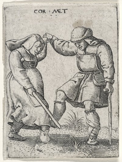 En man med en bandagerad fot dansar med en kvinna, 1572 (gravyr på lagt papper) av Cornelis after Massys