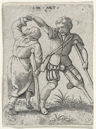 En man med ett träben som vänder en halt kvinna under armen, 1572 (gravyr på lagt papper) av Cornelis after Massys