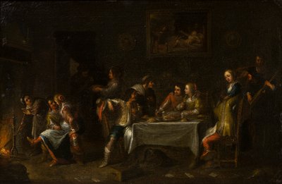 Mina damer och herrar festar runt ett bord, ca 1612-67 (olja, duk och papper) av Cornelis de (attr. to) Wael
