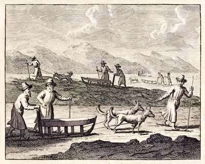 Ryssar som reser med hundspann i Sibirien.”, från ’Voyages de Corneille le Brun’. 1718 av Cornelis de Bruyn