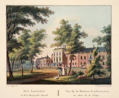 Lustslot i Haagsche Bosch. Vue de la Maison de plaisance, au Bois de la Haije, 1825 (handfärgad gravyr) av Cornelis de Kruyff