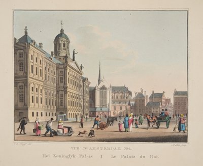 Utsikt över Amsterdam nr 1. Het Koninglyk Paleis. Kungens palats, 1825 (handkolorerat gravyr) av Cornelis de Kruyff