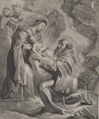 Visionen av den helige Franciskus, som knäböjer till höger, tar emot Kristusbarnet från Jungfrun..., 1650. av Cornelis de Visscher