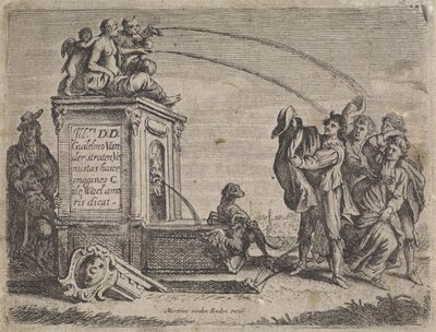 Grupp människor vid fontänen Genrescener (serietitel) av Cornelis de Wael