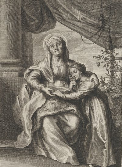 Jungfruns utbildning, med Saint Anne sittande på en bänk och tittar uppåt och ..., ca. 1645-78. av Cornelis van Caukercken